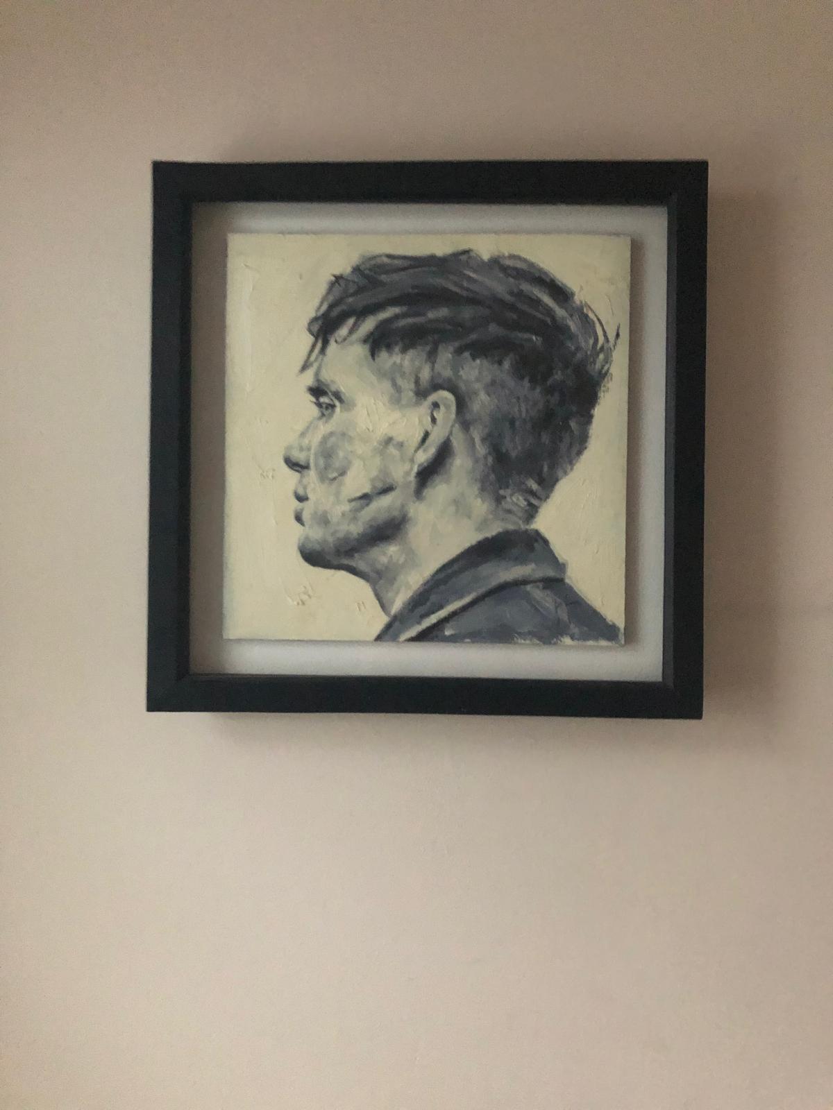 Peaky Blinders style portrait painting in black shadow box frame
